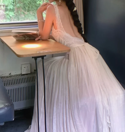 Graceful Spaghetti Strap Prom Dress White Lace A-Line Formal Dress GG7020
