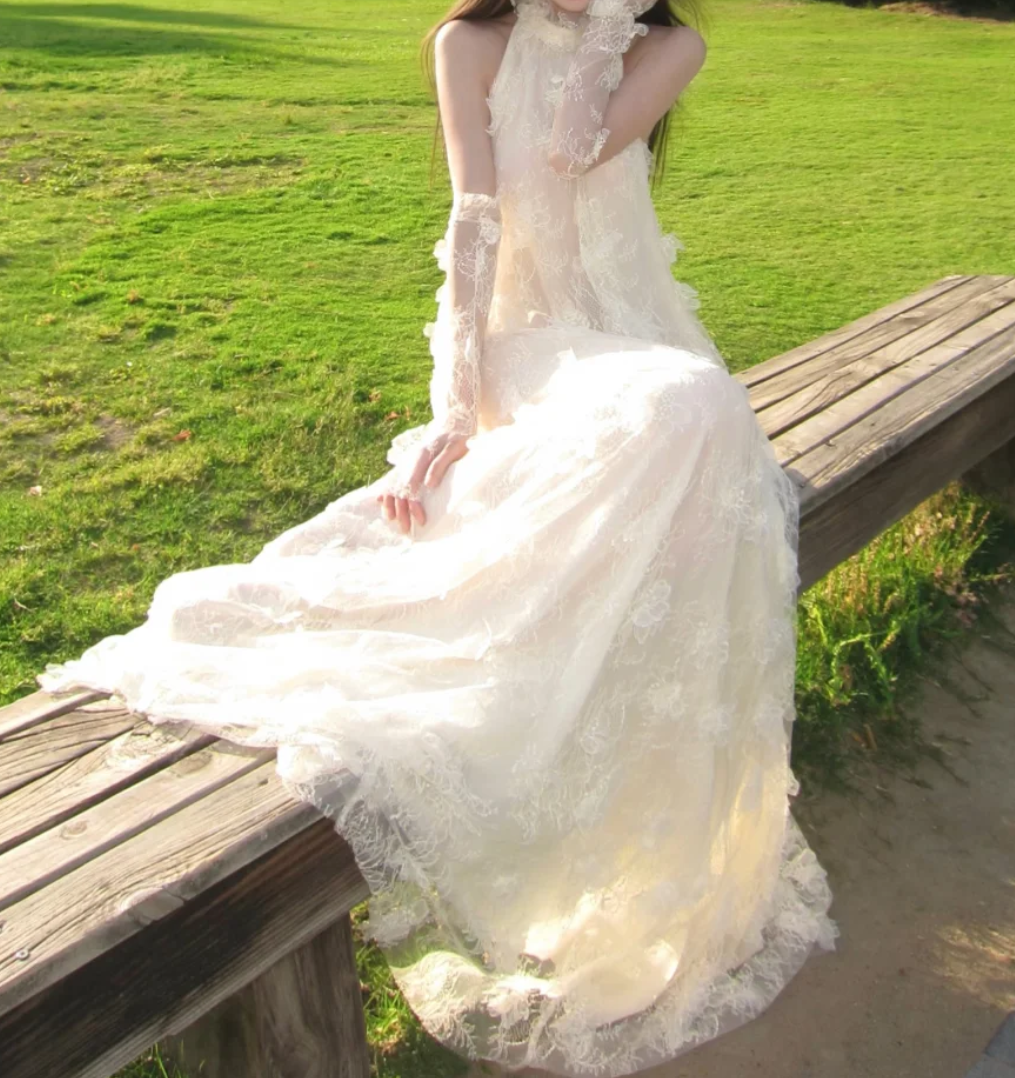 Dreamy Halter Neck Lace Prom Dress White Backless A-Line Formal Dress GG7023