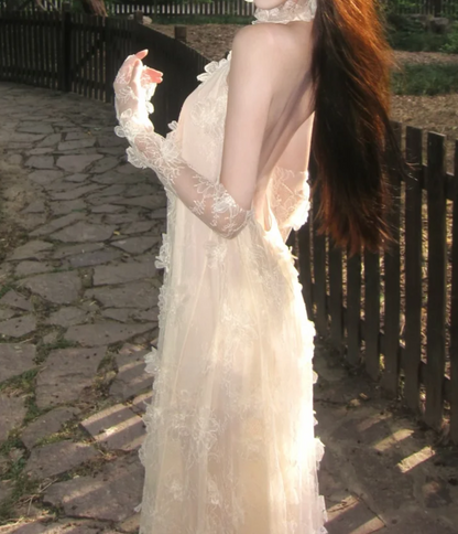 Dreamy Halter Neck Lace Prom Dress White Backless A-Line Formal Dress GG7023