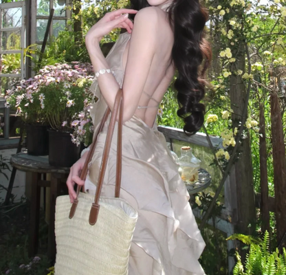 Vintage Halter Neck Prom Dress Beige Ruffles A-Line Formal Dress GG7024