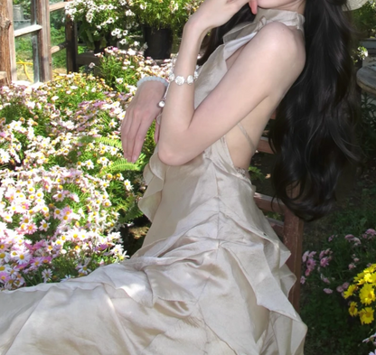 Vintage Halter Neck Prom Dress Beige Ruffles A-Line Formal Dress GG7024