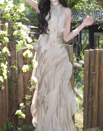 Vintage Halter Neck Prom Dress Beige Ruffles A-Line Formal Dress GG7024