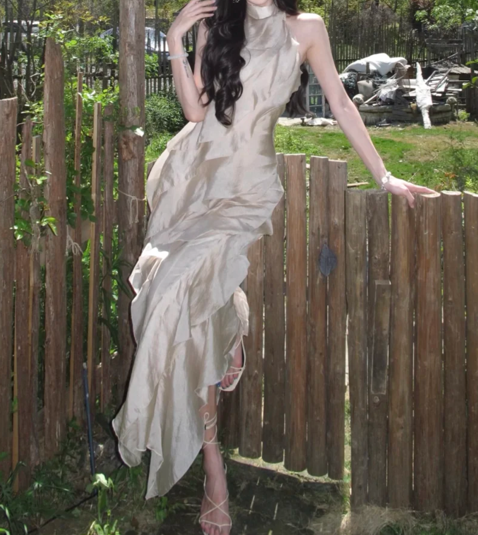 Vintage Halter Neck Prom Dress Beige Ruffles A-Line Formal Dress GG7024