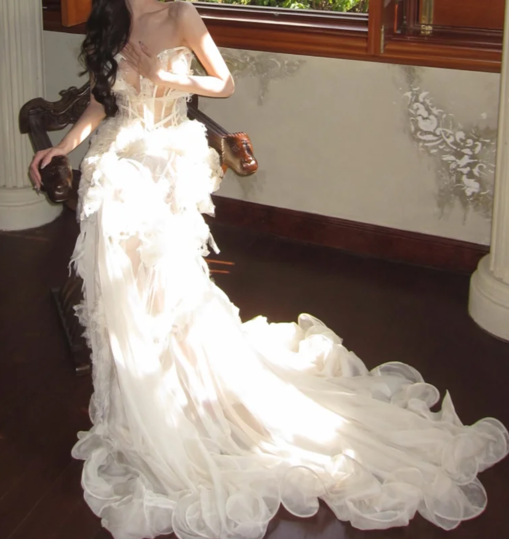 Ornate Strapless Ivory Prom Dress Ruffled Lace Mermaid Formal Dress GG7025