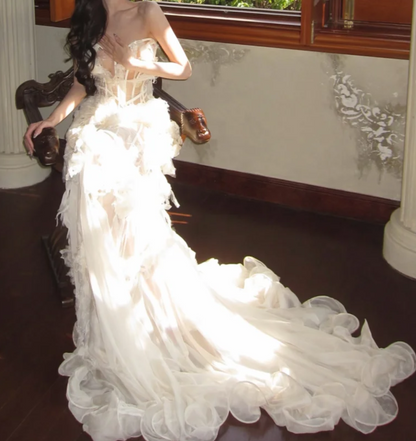 Ornate Strapless Ivory Prom Dress Ruffled Lace Mermaid Formal Dress GG7025