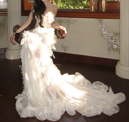 Ornate Strapless Ivory Prom Dress Ruffled Lace Mermaid Formal Dress GG7025