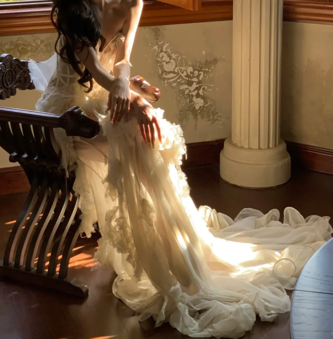 Ornate Strapless Ivory Prom Dress Ruffled Lace Mermaid Formal Dress GG7025