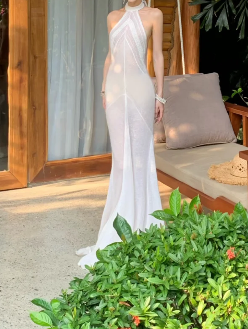 Classical Halter Neck Prom Dress White Mermaid Formal Dress GG7026