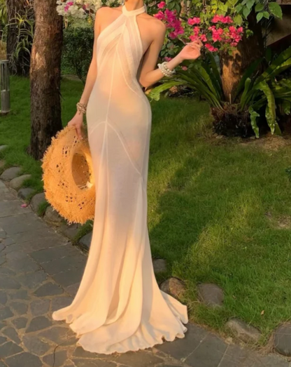 Classical Halter Neck Prom Dress White Mermaid Formal Dress GG7026