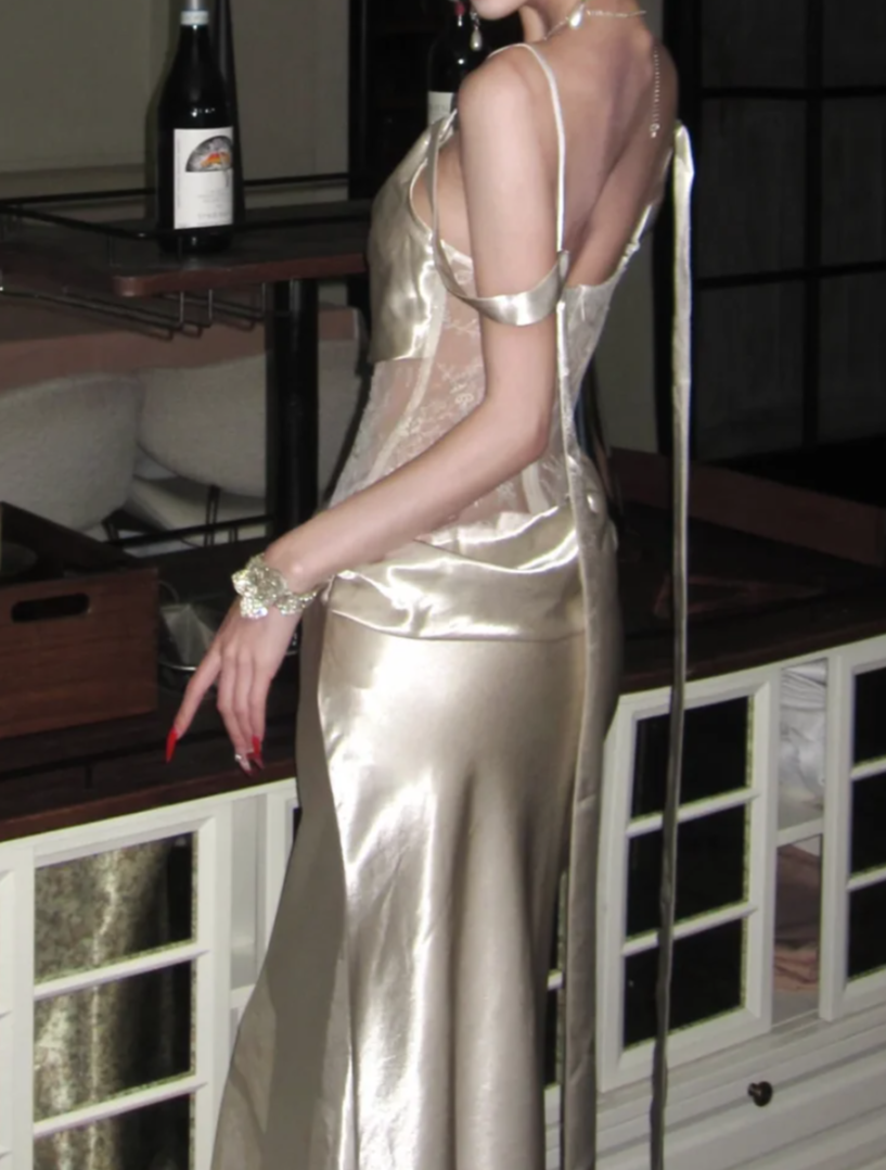 Shiny Spaghetti Strap Prom Dress Champagne Lace Mermaid Formal Dress GG7027