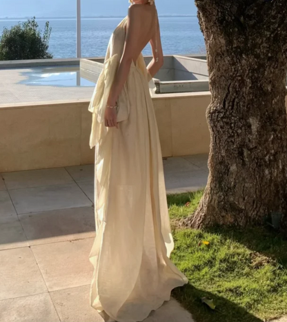 Ethereal Halter Neck Ivory Prom Dress Ruffles Backless A-Line Formal Dress GG7029