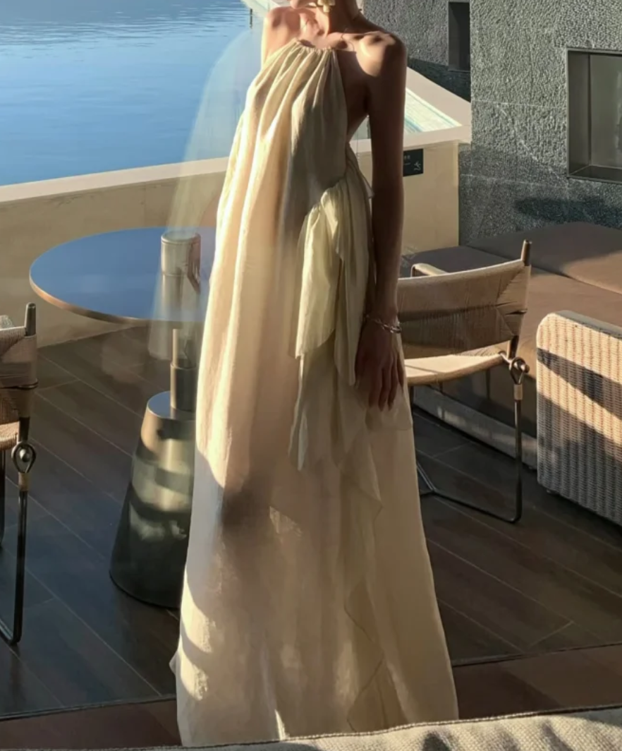 Ethereal Halter Neck Ivory Prom Dress Ruffles Backless A-Line Formal Dress GG7029