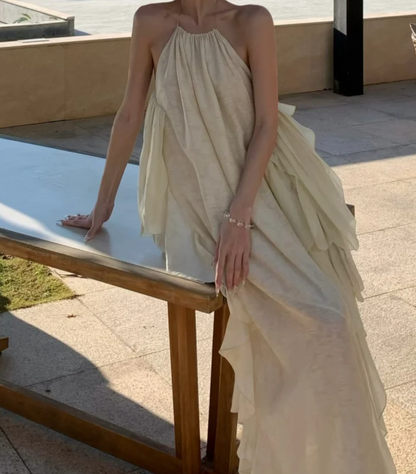 Ethereal Halter Neck Ivory Prom Dress Ruffles Backless A-Line Formal Dress GG7029