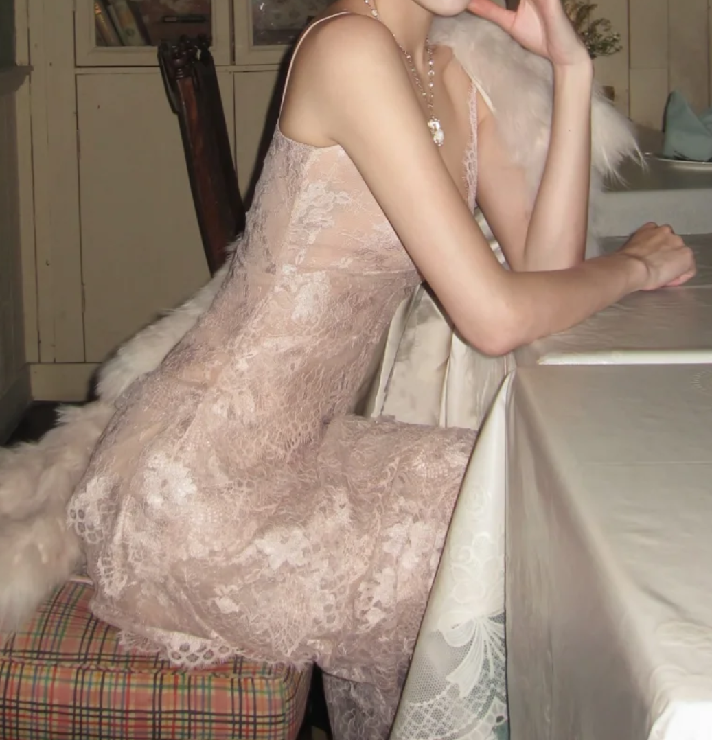 Glam Spaghetti Strap Prom Dress Pink Lace Mermaid Formal Dress GG7030
