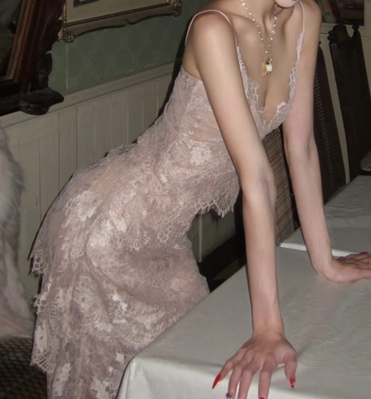 Glam Spaghetti Strap Prom Dress Pink Lace Mermaid Formal Dress GG7030