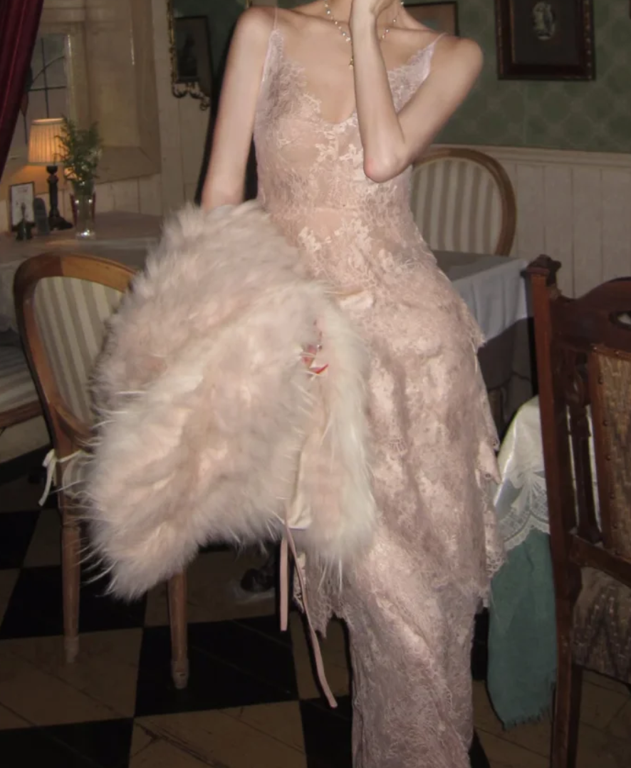 Glam Spaghetti Strap Prom Dress Pink Lace Mermaid Formal Dress GG7030