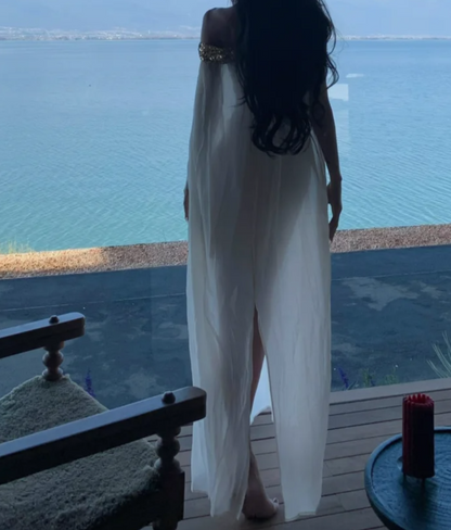 Flowy Off-Shoulder Ivory Prom Dress Sequins A-Line Formal Dress GG7032