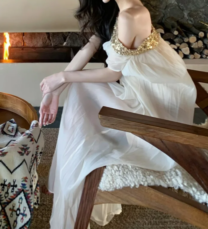 Flowy Off-Shoulder Ivory Prom Dress Sequins A-Line Formal Dress GG7032
