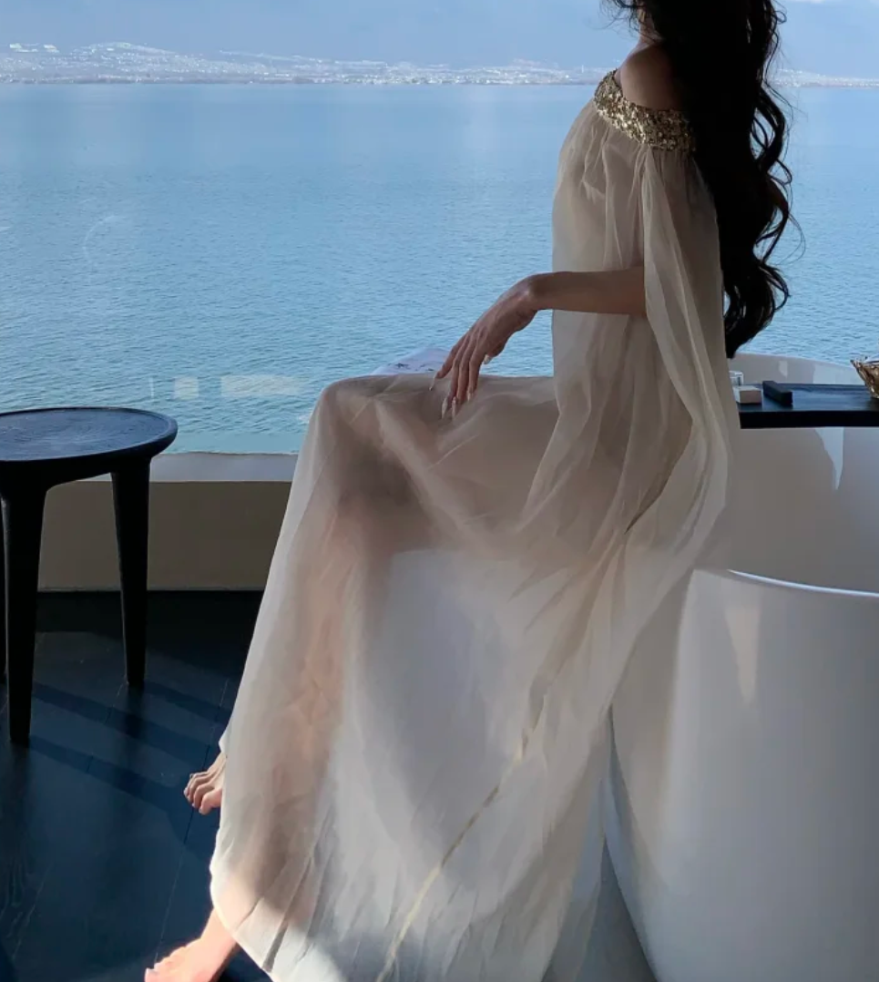 Flowy Off-Shoulder Ivory Prom Dress Sequins A-Line Formal Dress GG7032