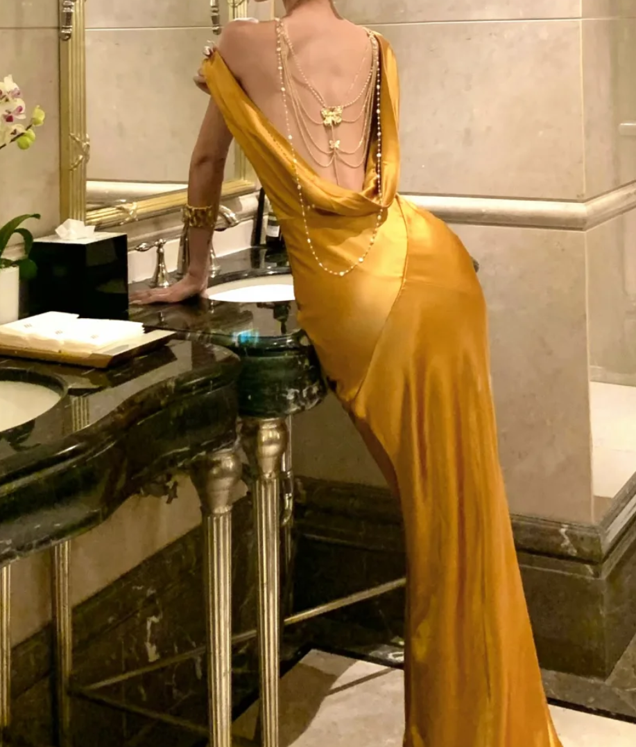 Retro V Neck Prom Dress Gold Draped Mermaid Formal Dress GG7033