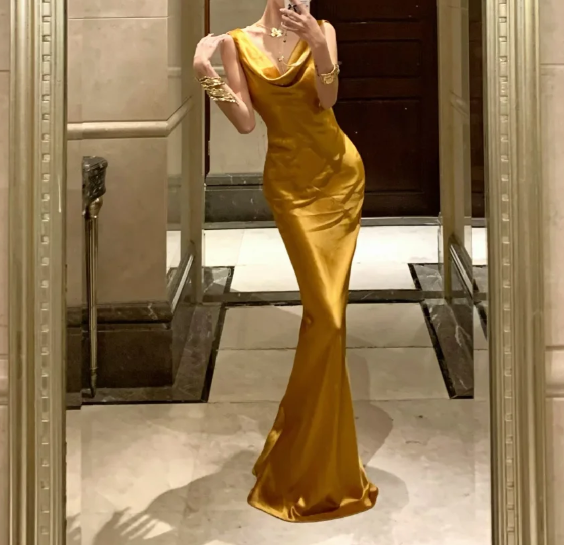 Retro V Neck Prom Dress Gold Draped Mermaid Formal Dress GG7033
