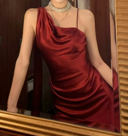 Classical Red Satin Prom Dress Spaghetti Strap Mermaid Formal Dress GG7034