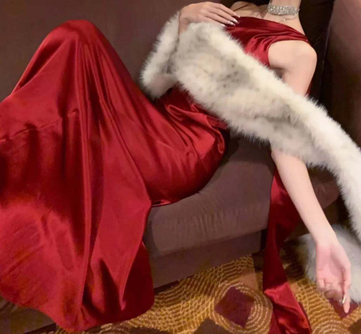 Classical Red Satin Prom Dress Spaghetti Strap Mermaid Formal Dress GG7034