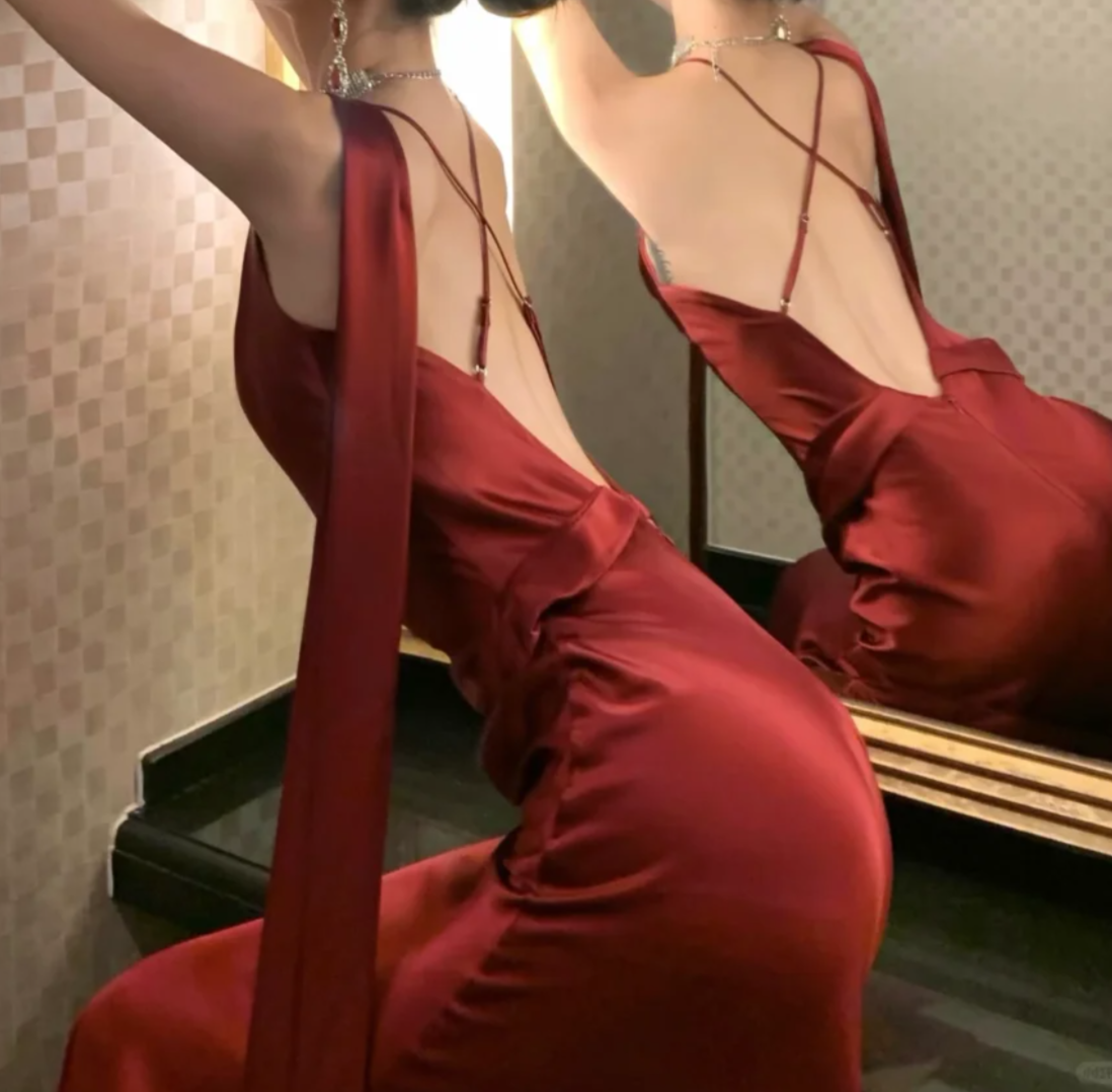 Classical Red Satin Prom Dress Spaghetti Strap Mermaid Formal Dress GG7034