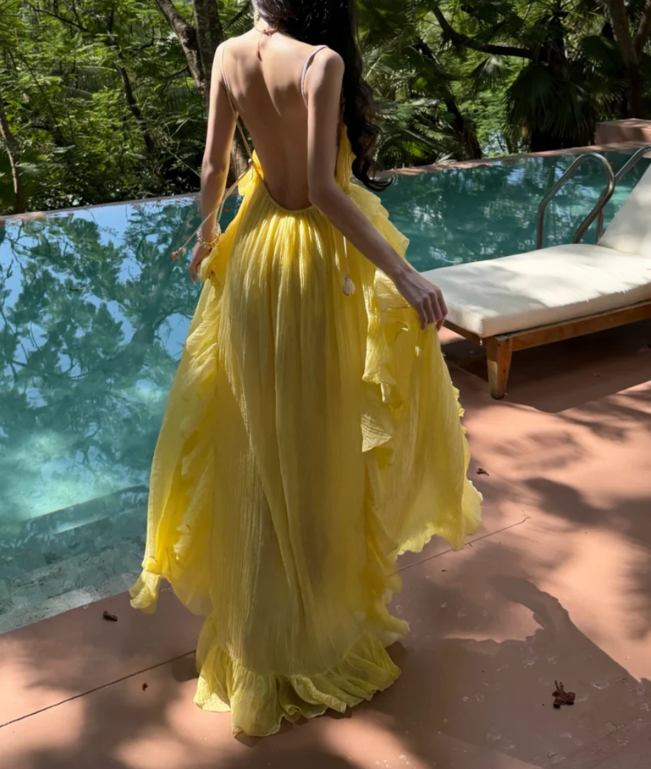 Sweet Spaghetti Strap Yellow Prom Dress Ruffles A-Line Formal Dress GG7035