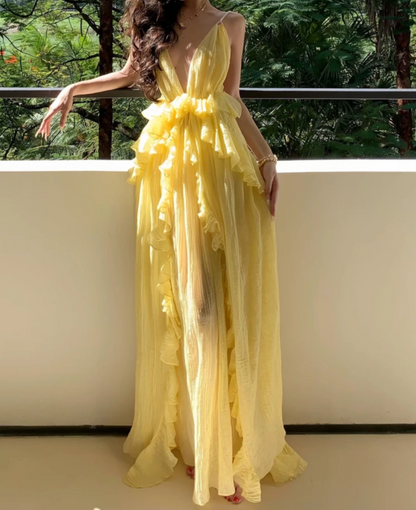 Sweet Spaghetti Strap Yellow Prom Dress Ruffles A-Line Formal Dress GG7035