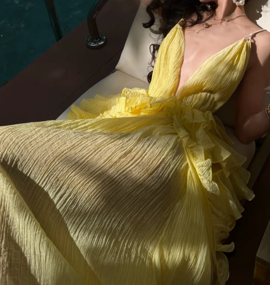 Sweet Spaghetti Strap Yellow Prom Dress Ruffles A-Line Formal Dress GG7035