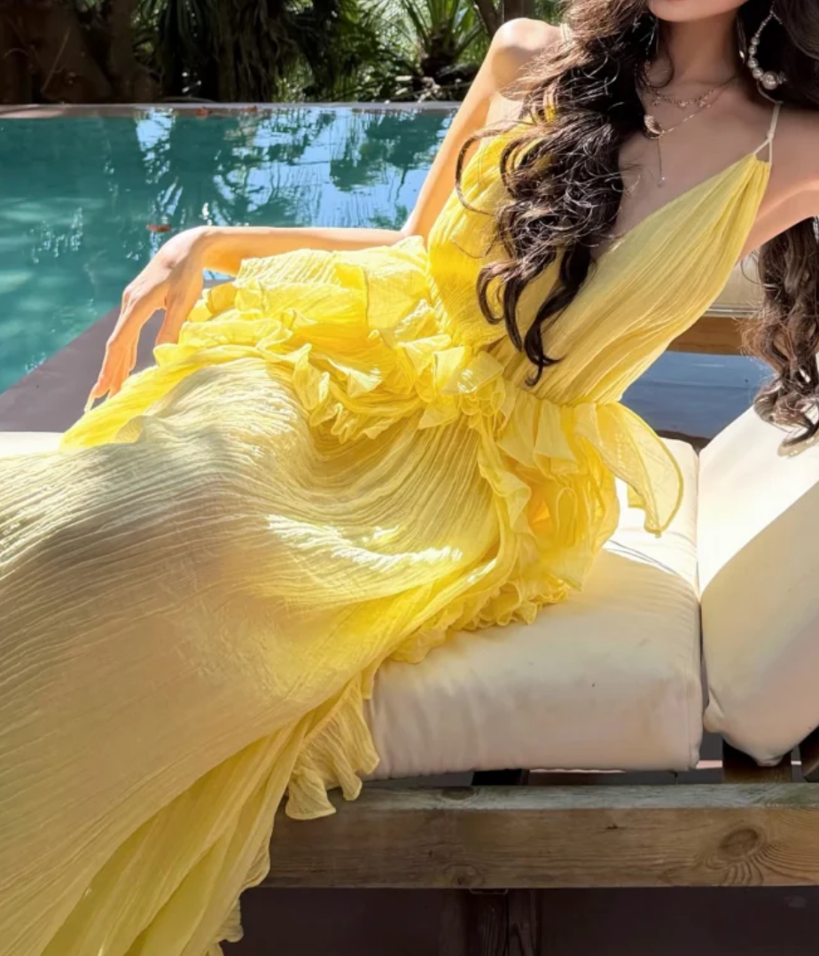 Sweet Spaghetti Strap Yellow Prom Dress Ruffles A-Line Formal Dress GG7035