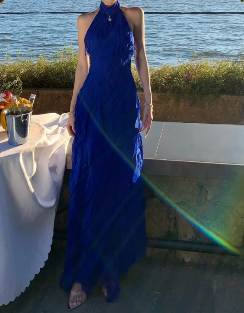 Chic Halter Neck Blue Prom Dress Ruffles Backless A-Line Formal Dress GG7036