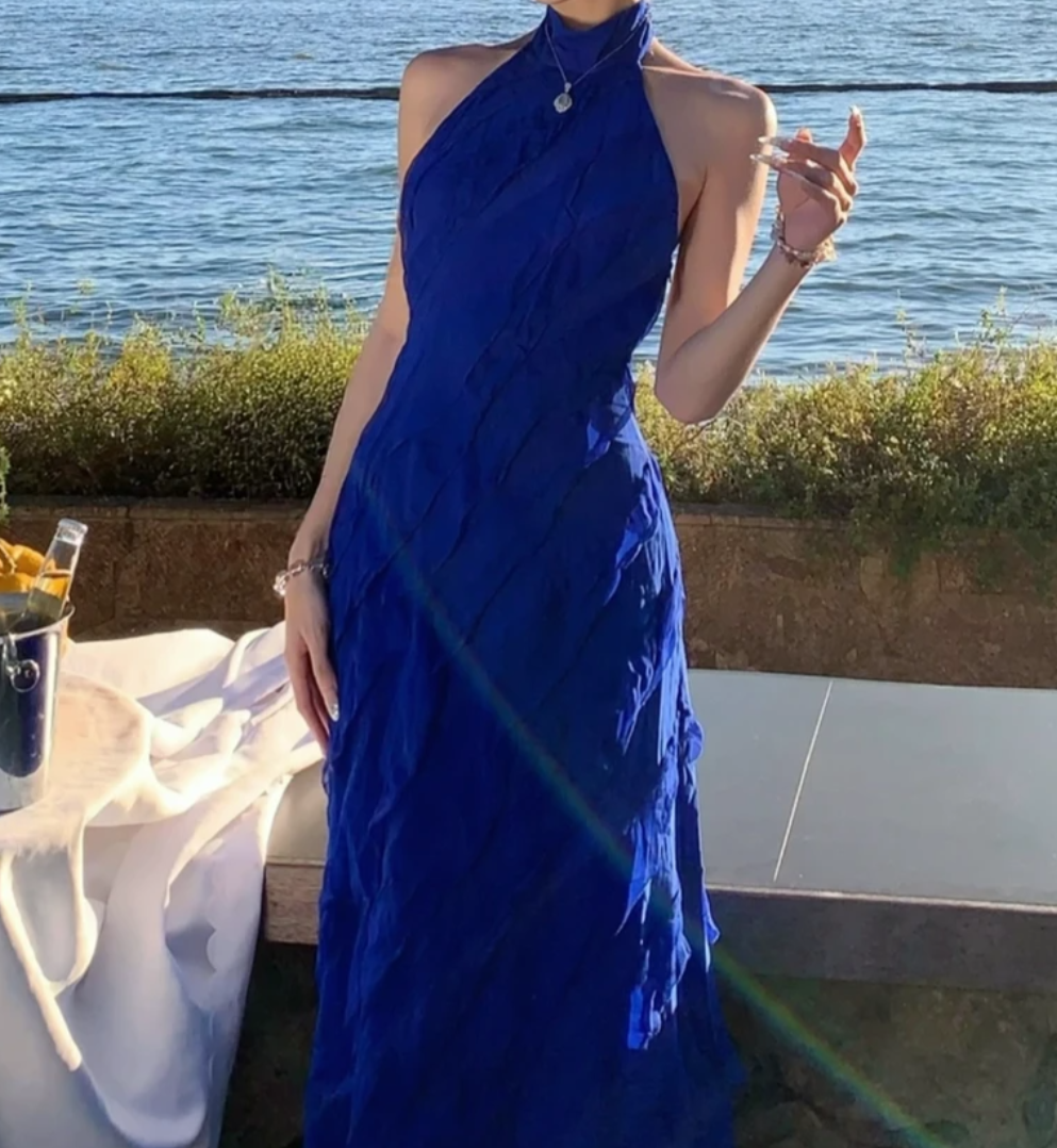 Chic Halter Neck Blue Prom Dress Ruffles Backless A-Line Formal Dress GG7036