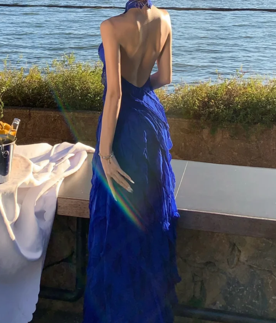 Chic Halter Neck Blue Prom Dress Ruffles Backless A-Line Formal Dress GG7036