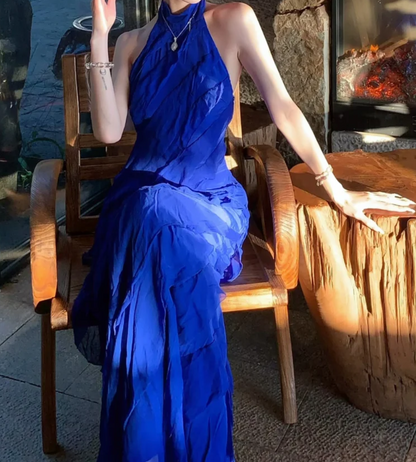 Chic Halter Neck Blue Prom Dress Ruffles Backless A-Line Formal Dress GG7036