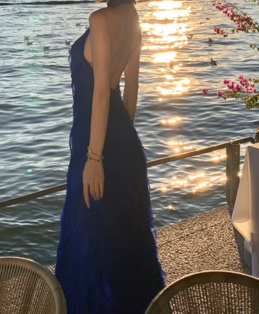 Chic Halter Neck Blue Prom Dress Ruffles Backless A-Line Formal Dress GG7036