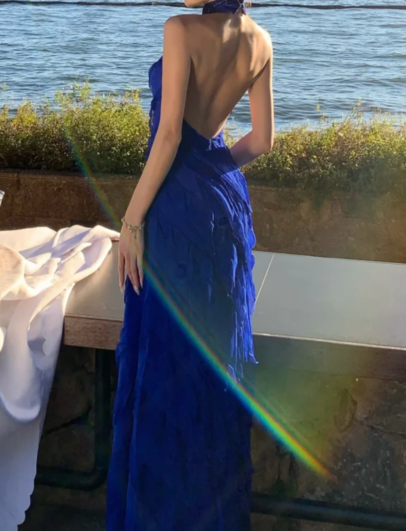 Chic Halter Neck Blue Prom Dress Ruffles Backless A-Line Formal Dress GG7036