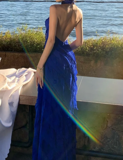 Chic Halter Neck Blue Prom Dress Ruffles Backless A-Line Formal Dress GG7036