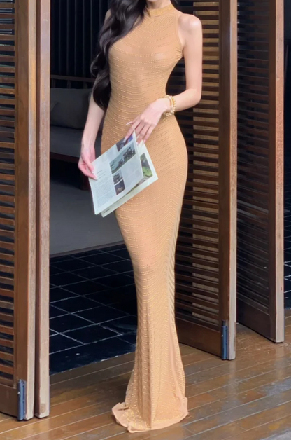 Glam Halter Neck Beige Prom Dress Sequins Mermaid Formal Dress GG7037