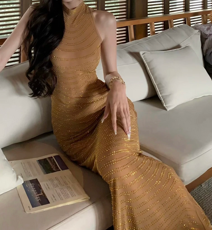Glam Halter Neck Beige Prom Dress Sequins Mermaid Formal Dress GG7037
