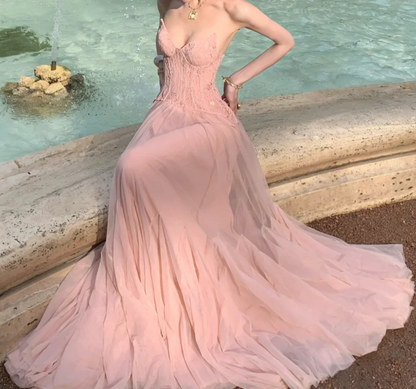 Romantic Strapless Pink Prom Dress Lace A-Line Formal Dress GG7043