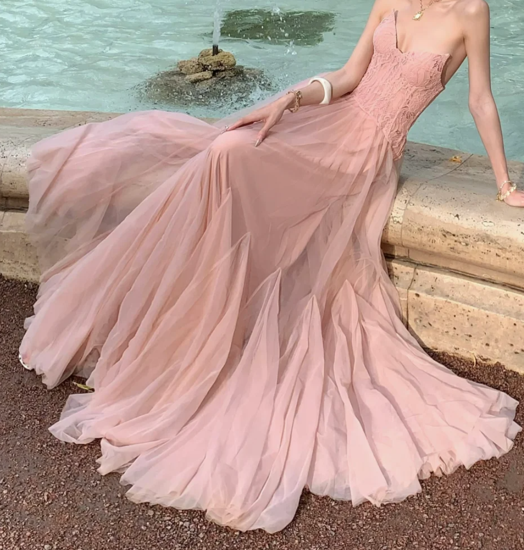 Romantic Strapless Pink Prom Dress Lace A-Line Formal Dress GG7043