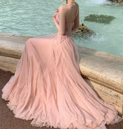 Romantic Strapless Pink Prom Dress Lace A-Line Formal Dress GG7043