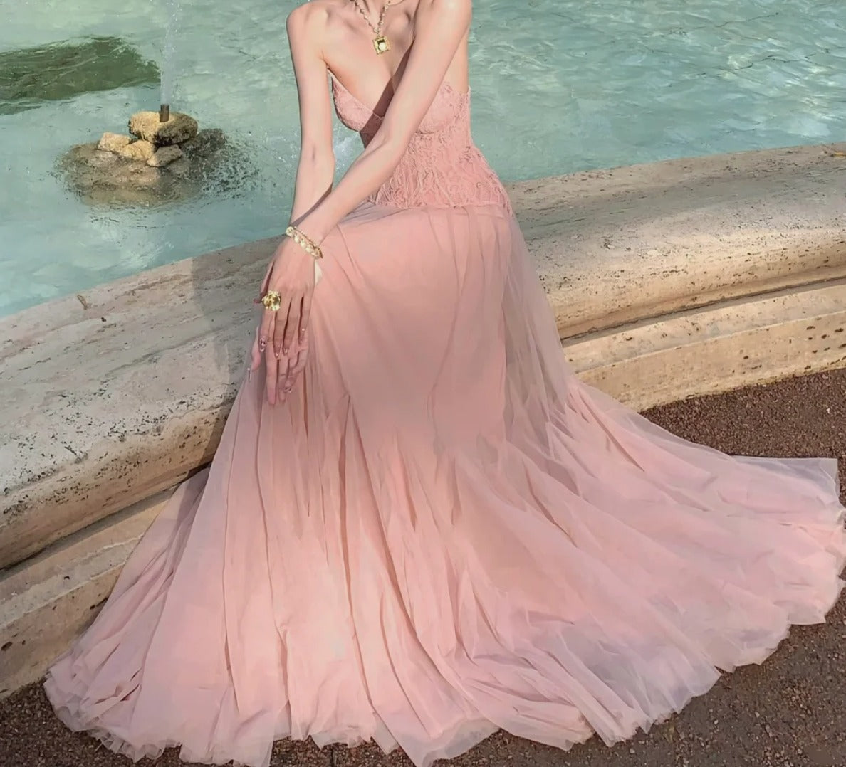 Romantic Strapless Pink Prom Dress Lace A-Line Formal Dress GG7043