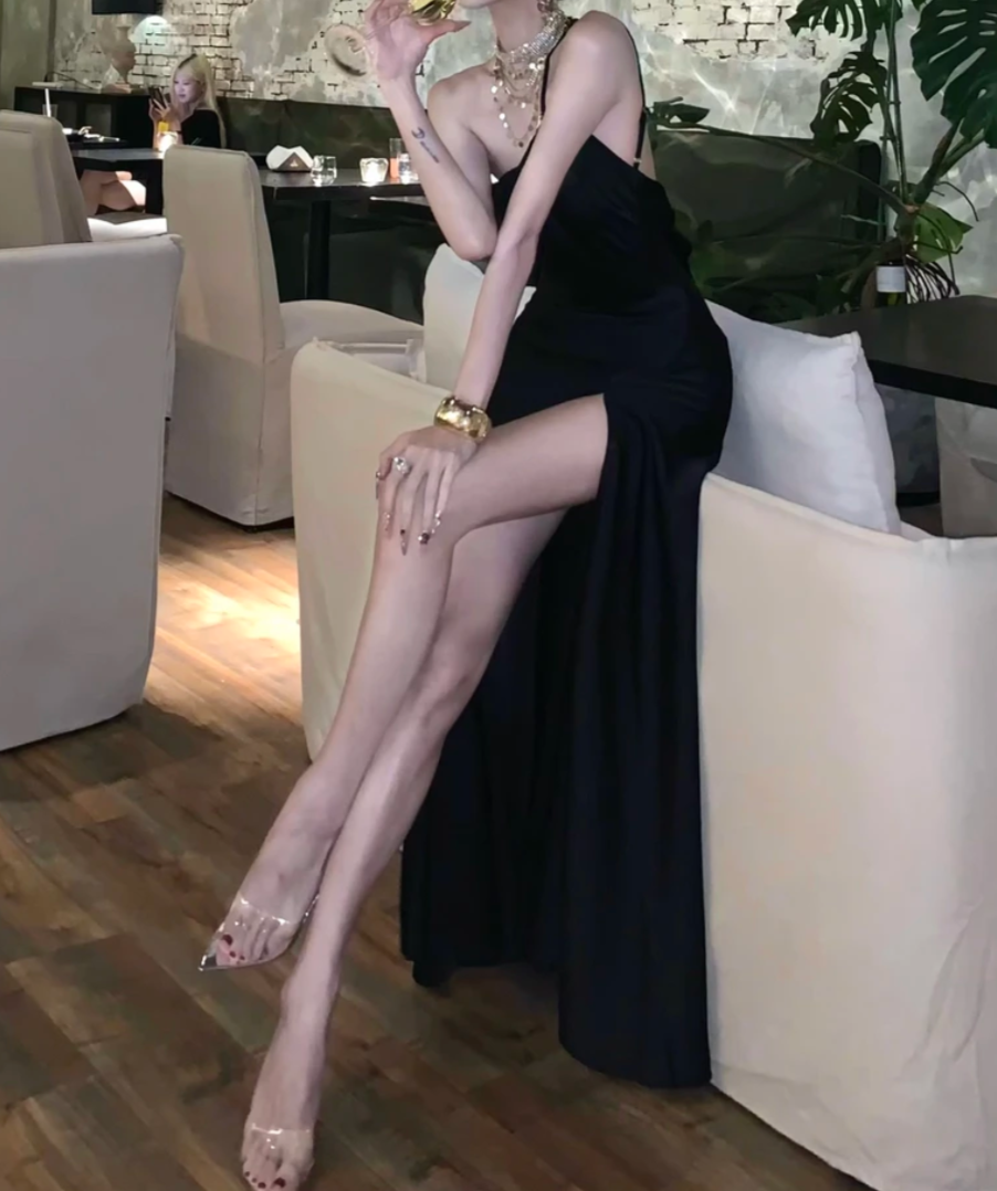 Unique Spaghetti Strap Prom Dress Black Slit Mermaid Formal Dress GG7044