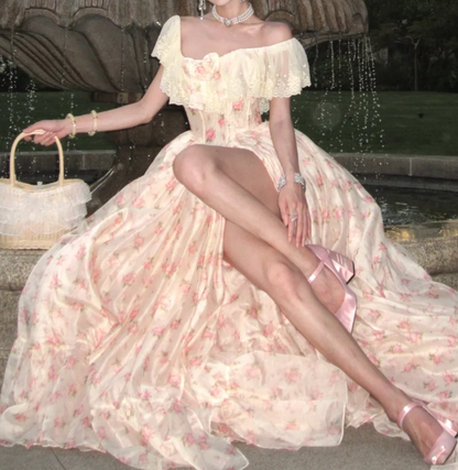 Sweet Off-Shoulder Pink Prom Dress Lace Floral Slit A-Line Formal Dress GG7045
