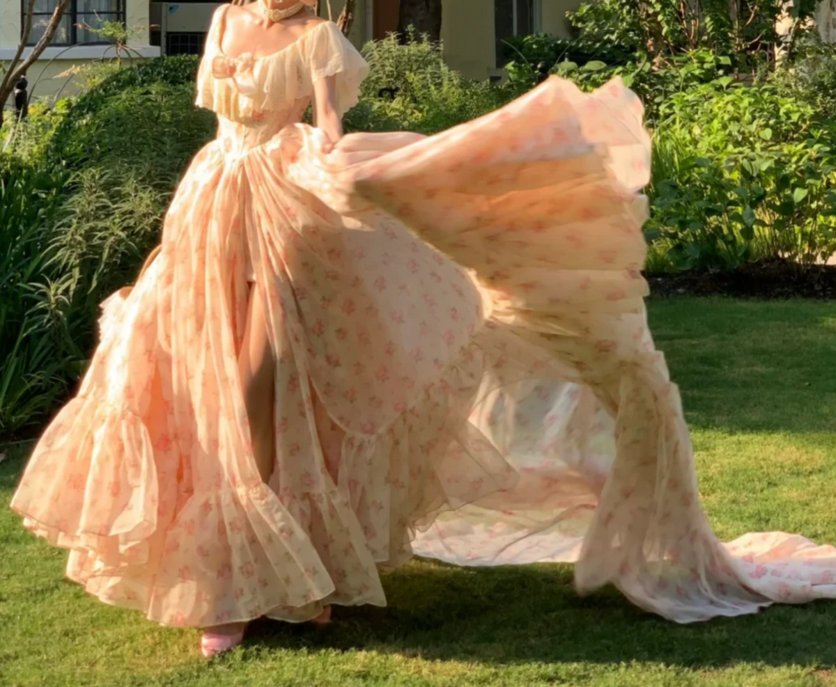 Sweet Off-Shoulder Pink Prom Dress Lace Floral Slit A-Line Formal Dress GG7045