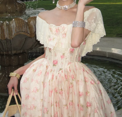 Sweet Off-Shoulder Pink Prom Dress Lace Floral Slit A-Line Formal Dress GG7045