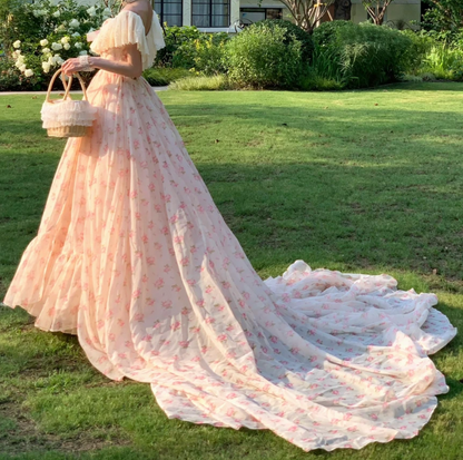Sweet Off-Shoulder Pink Prom Dress Lace Floral Slit A-Line Formal Dress GG7045